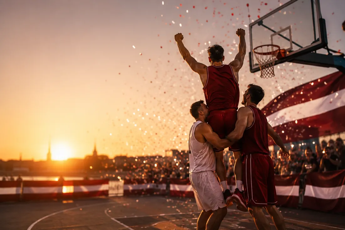 Latvijas basketbolisti svin uzvaru laukumā